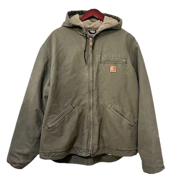 VTG Carhartt Mens Sandstone Sherpa Lined Sierra Canvas Jacket Size XL Green J141 - Picture 1 of 16
